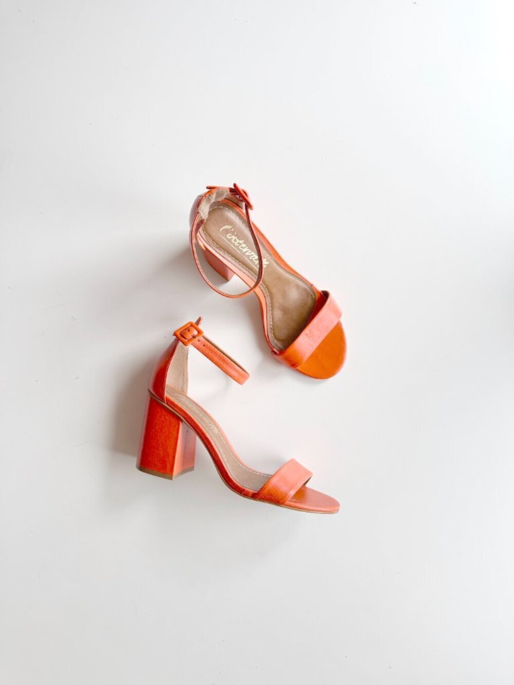 L'INTERVALLE Eos Orange Leather Open Toe Ankle Strap Block Heel Sandals, Size 7